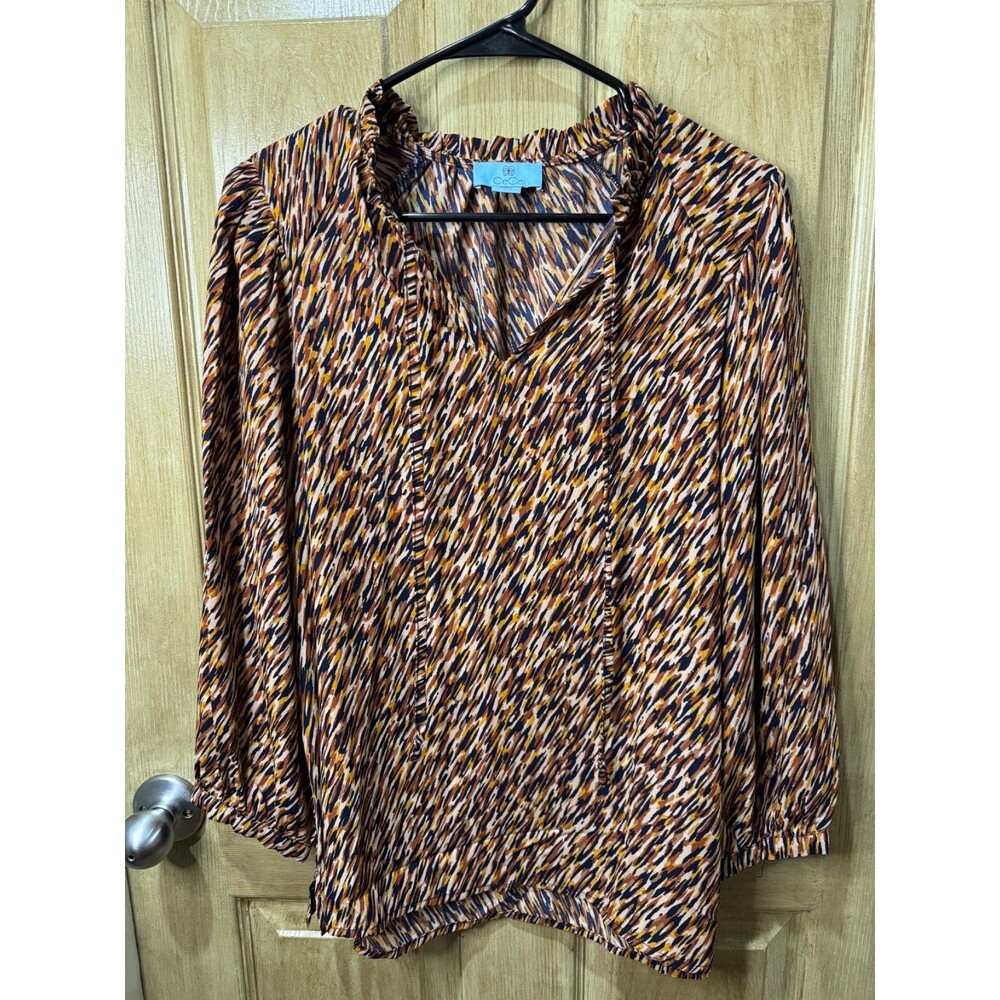 CeCe Womens M Blouse Abstract Animal Print Ruffle Neck Puff Sleeve Boho Top